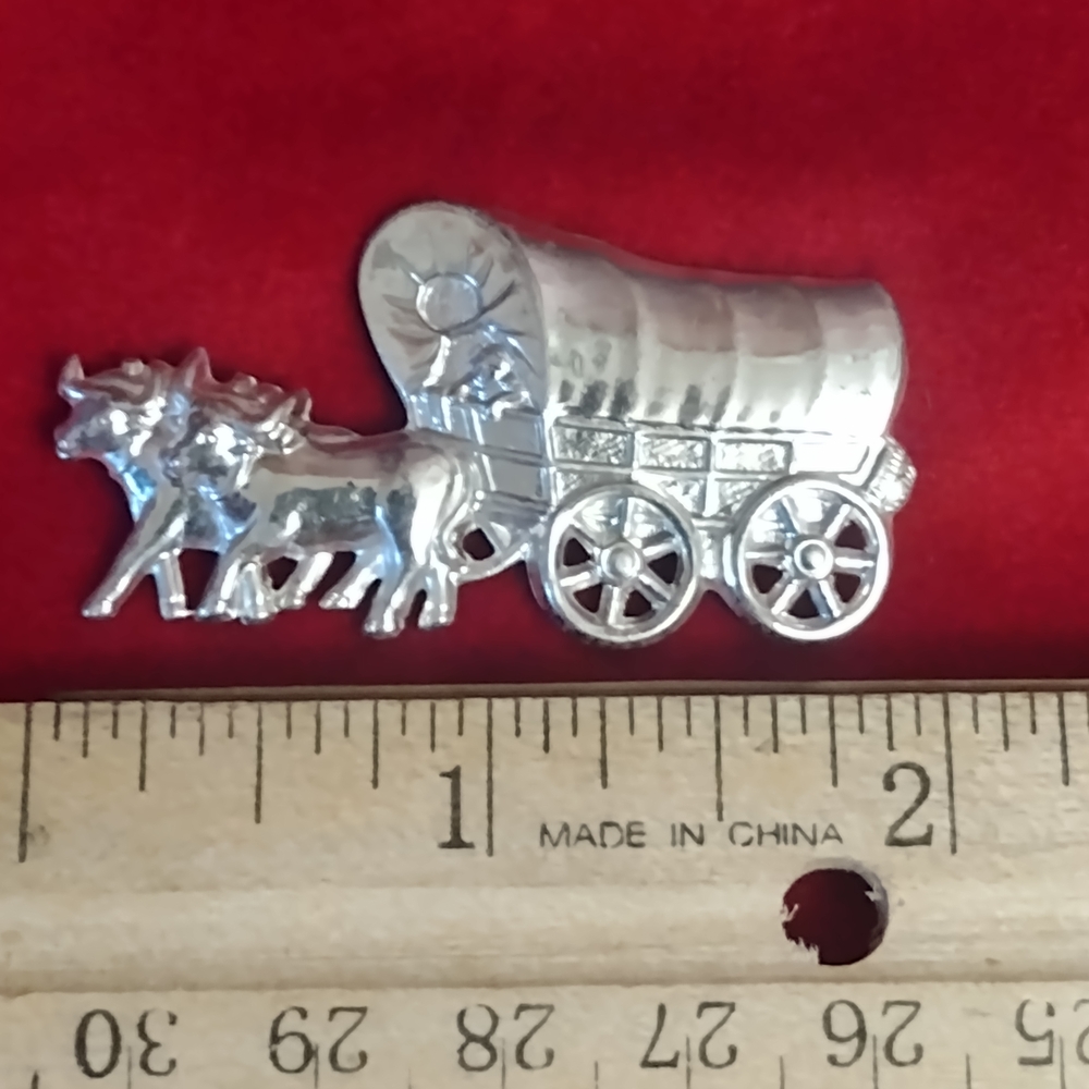 Sterling Silver Wagon Brooch , Western Farm, Cabin, Settlers Pilgrim Ox Cow